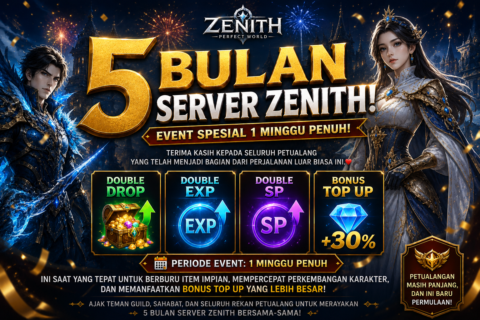 Event 5 Bulan Server Zenith: Double Drop, Double EXP, Double SP, dan Bonus Top Up 30% Selama 1 Minggu